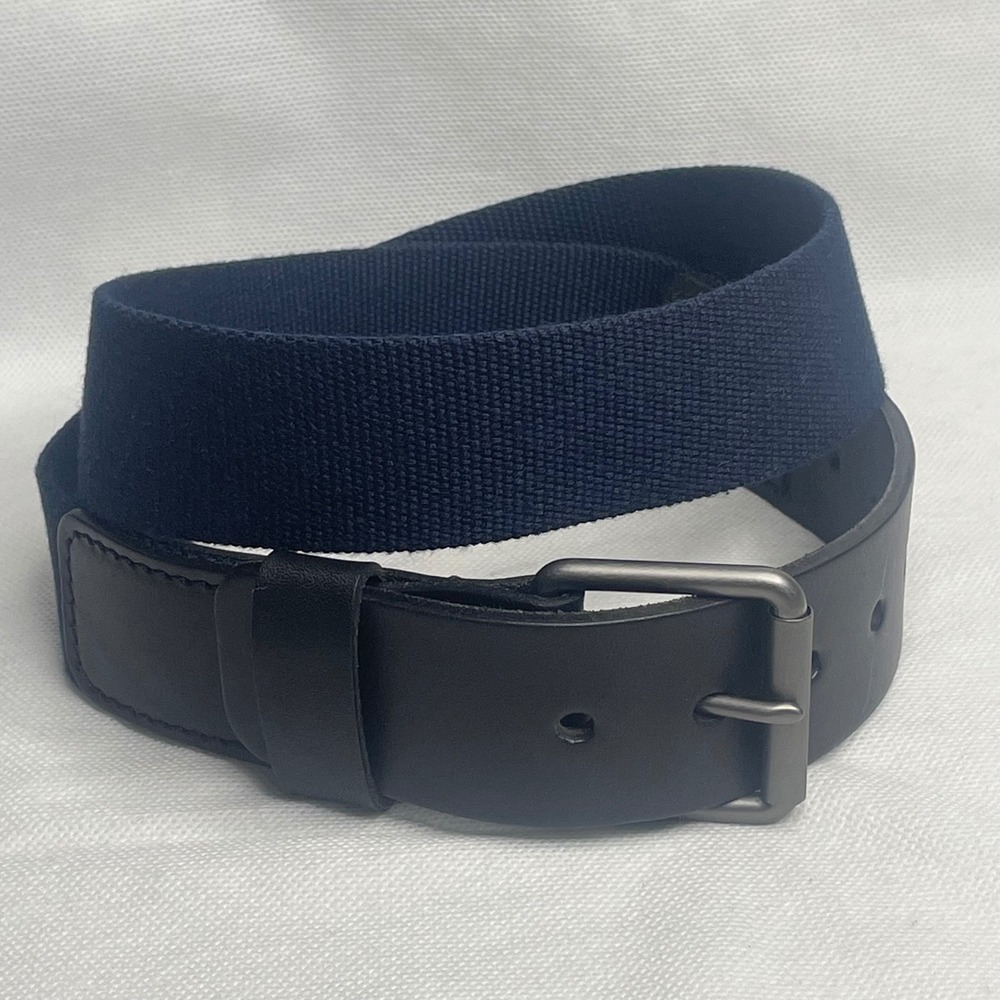 C.C. Filson Co Navy Blue Canvas & Cow Leather Belt Size Medium Silver Buckle USA
